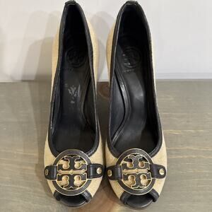TORY BURCH AMANDA NATURAL CANVAS NAVY LEATHER TRIM LOGO WEDGES HEELS SIZE 8M